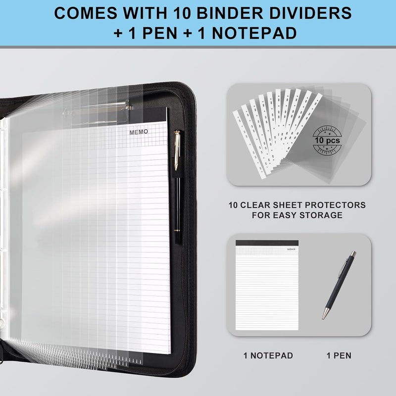 Eshow Portfolio Organizer - 3 Ring Binder with Zipper, Vegan Leather Business Padfolio Folder with Notepad Includes 10 Clear Sheet Protectors for Documents Files for Men Women - Image 4